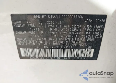 2020 Subaru Outback Limited из США, поврежденный, VIN 4S4BTANCXL3199338